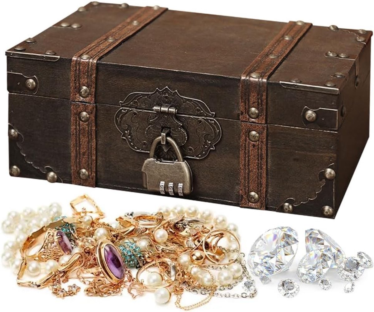Vintage houten schatkist met slot - 24 x 17 x 9,5 cm - decoratief en veilig - perfect voor opslag - ShopVlot