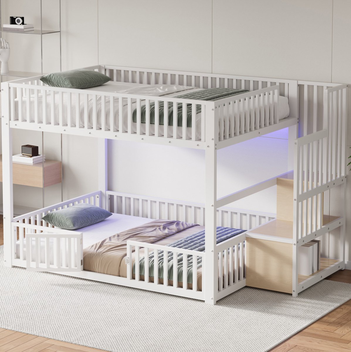 REDOM - Stapelbed - Met opbergruimte en LED - Met ladder en uitvalbeveiliging - Modern - Kinderkamer - MDF en metaal - Wit - 140 x 200 cm