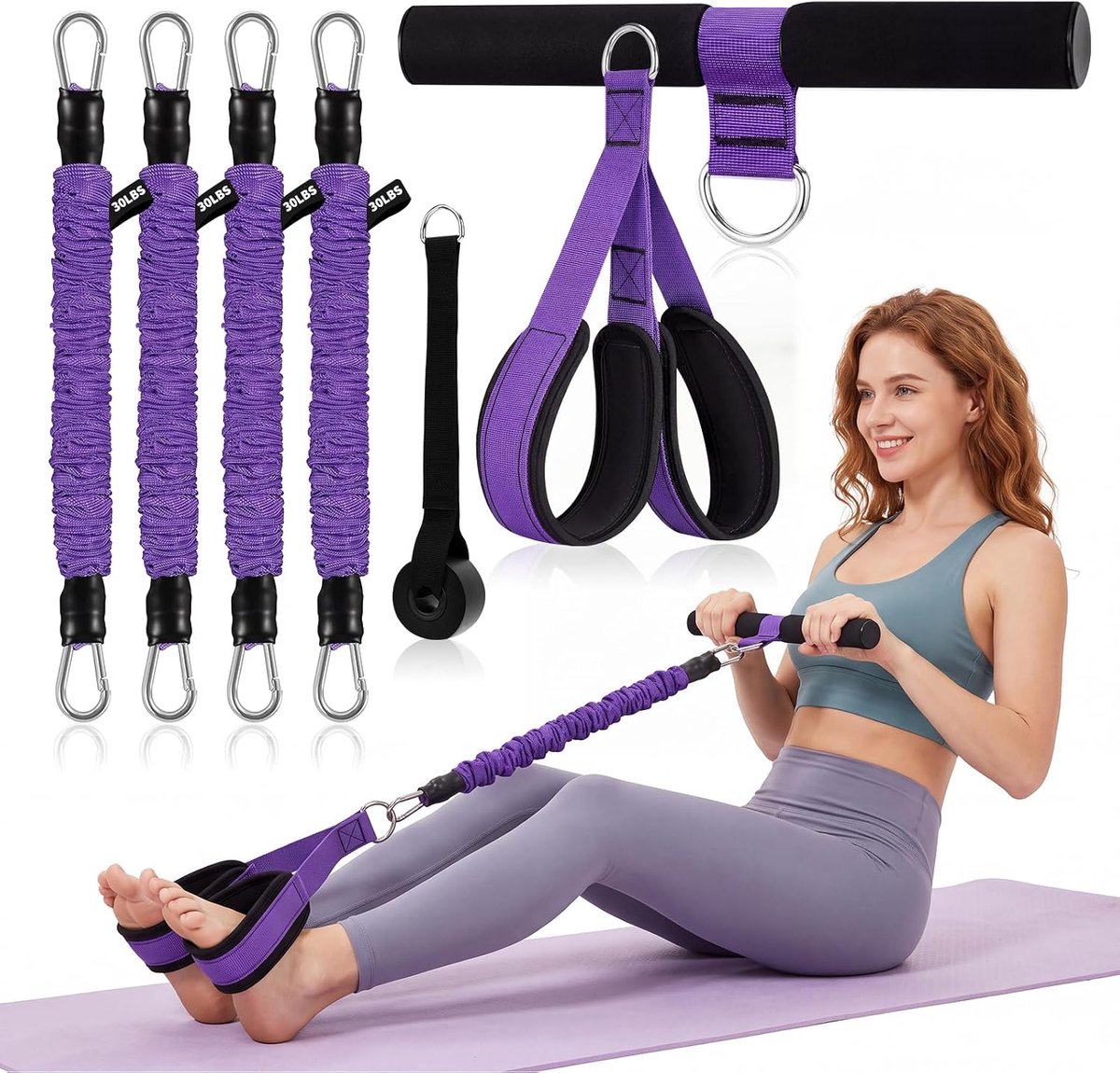 Pedaalweerstandsband met handgreep - 4 verstelbare voetpedaal - 13,6-54,4 kg - buiktrainer voor full-body training - ShopVlot