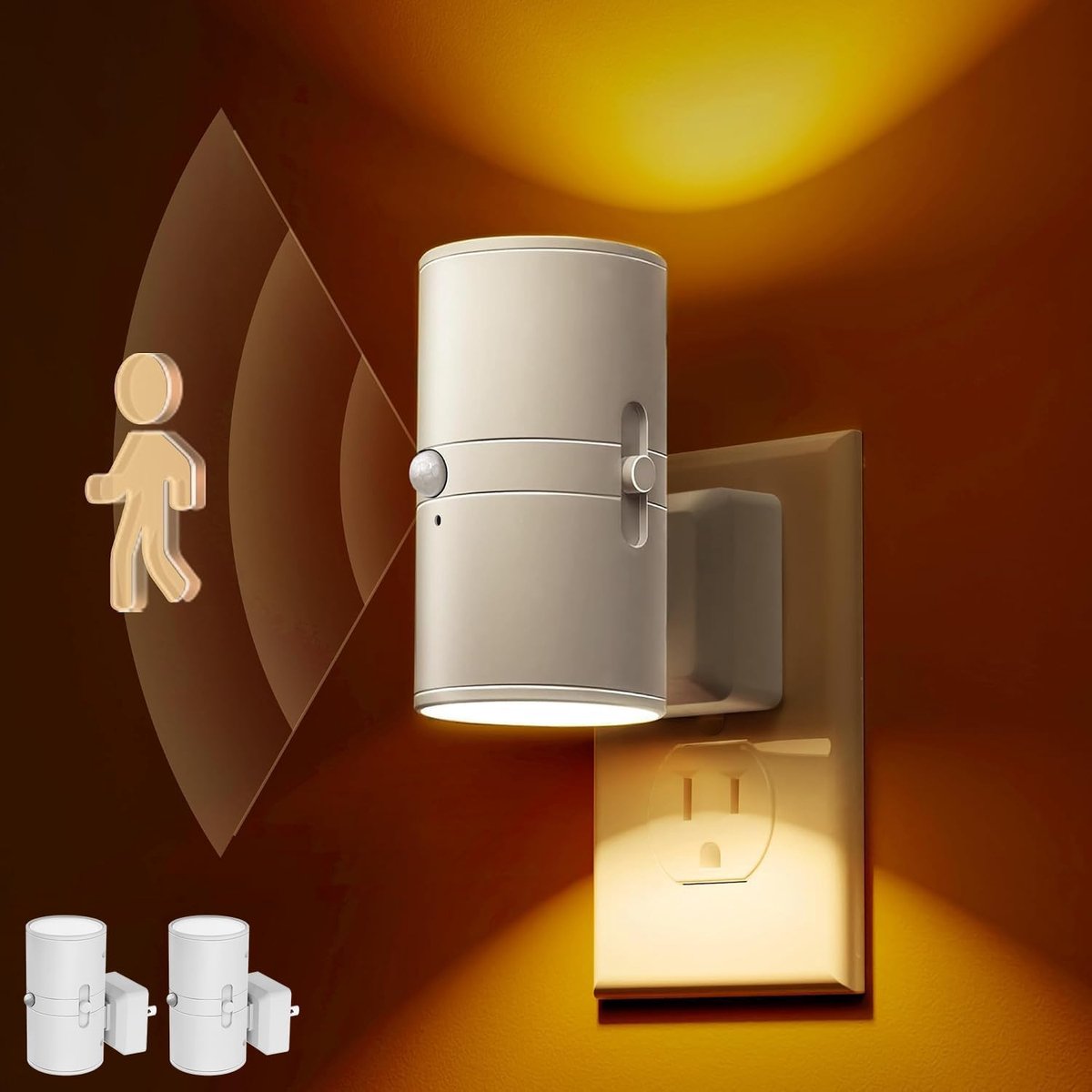 KZQ 2-pack amberkleurig LED bewegingssensor nachtlampje - Dimbaar 0-100LM - Geel nachtlicht voor slaapkamer badkamer hal trap en keuken - Wit