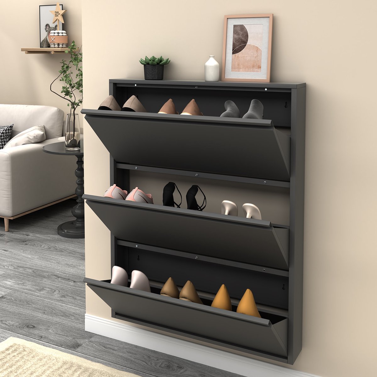OKWISH Wandgemonteerde Schoenenkast - 3 Kleppen - Smal Ontwerp Voor Hal - Metaal Zwart - 80 X 15,2 X 109,25 Cm