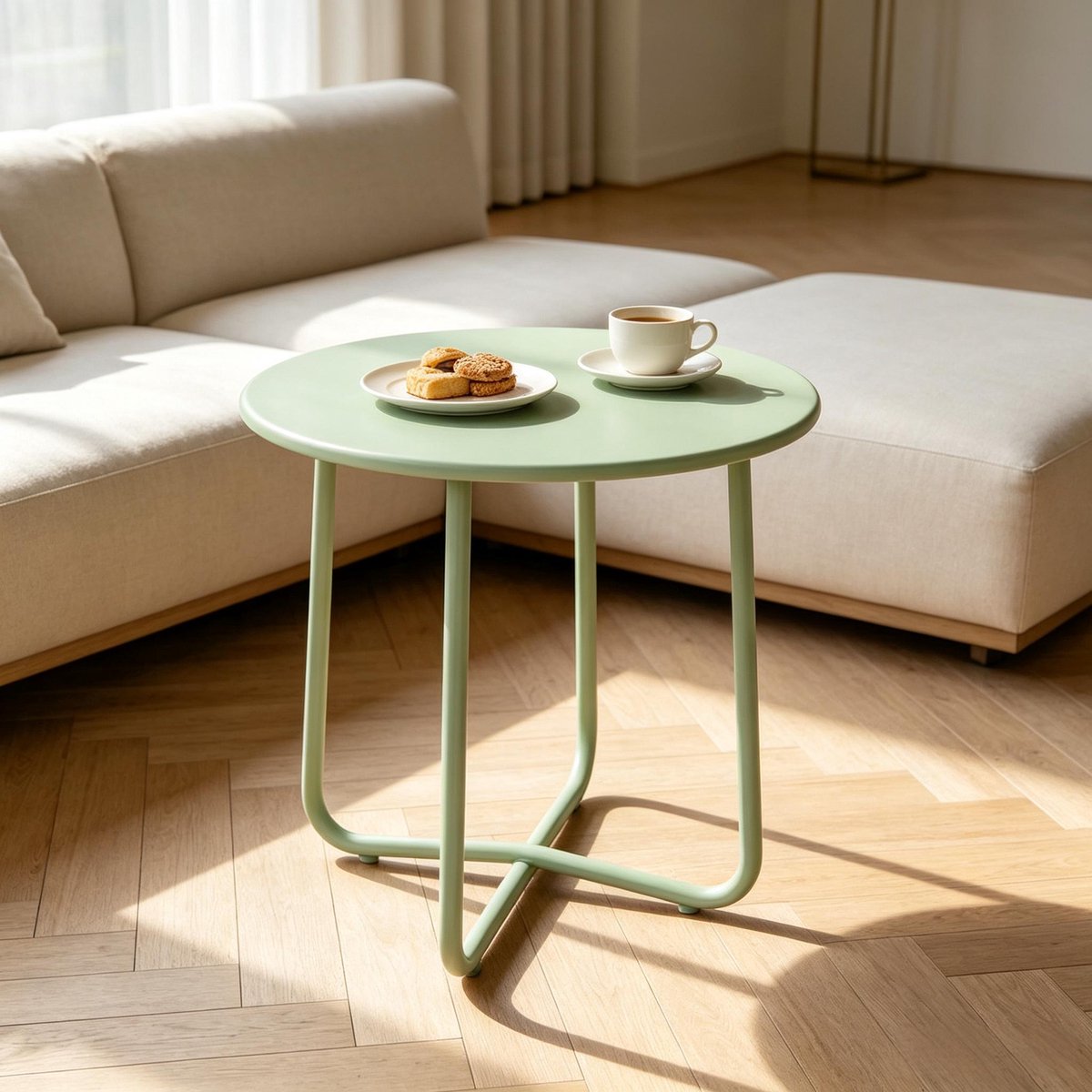 Buitentafel 48 cm - Ronde Metalen Tuintafel Met X-Basis En Verstelbare Voetjes Groen