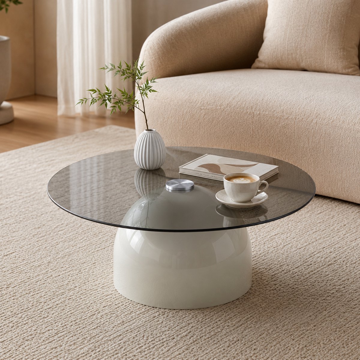 Ronde Glazen Salontafel 70 cm - Carbon Stalen Sockel Met Halfronde Basis Grijs