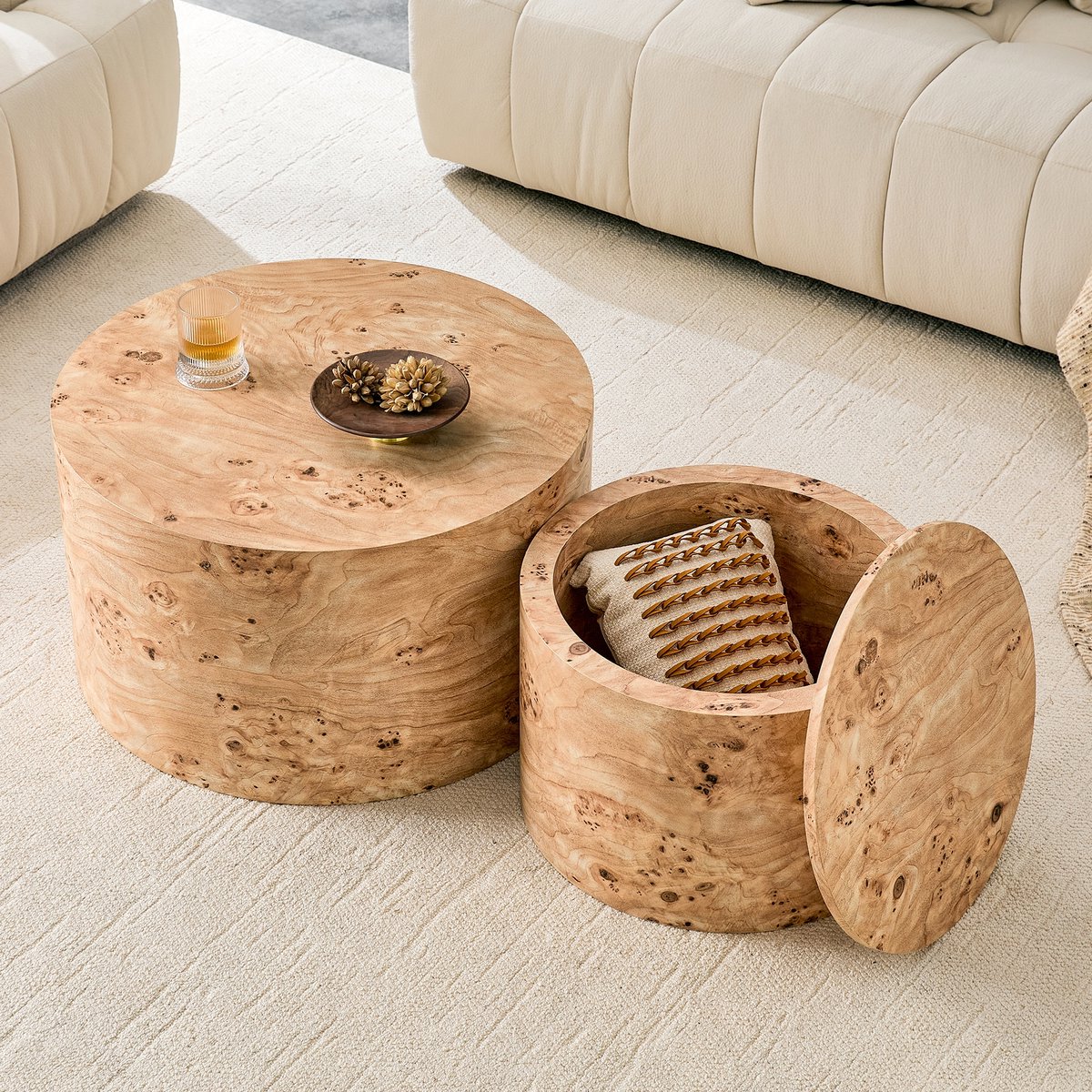 2-delig Set Ronde Nesting Tafels Met Opbergruimte - Bijzettafels MDF Houtlook 62,8 cm/44 cm Wood