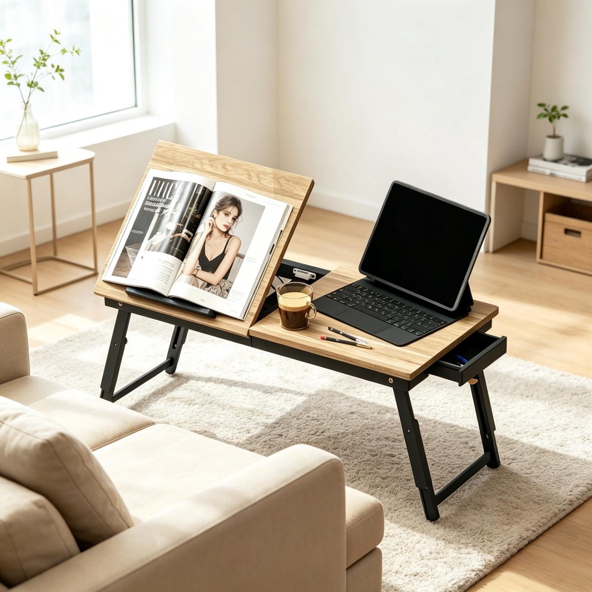 Laptoptafel 83,5 cm - Verstelbaar Bedtafel Met Hoogte- En Kantelverstelling En Lade - Bamboe Zwart
