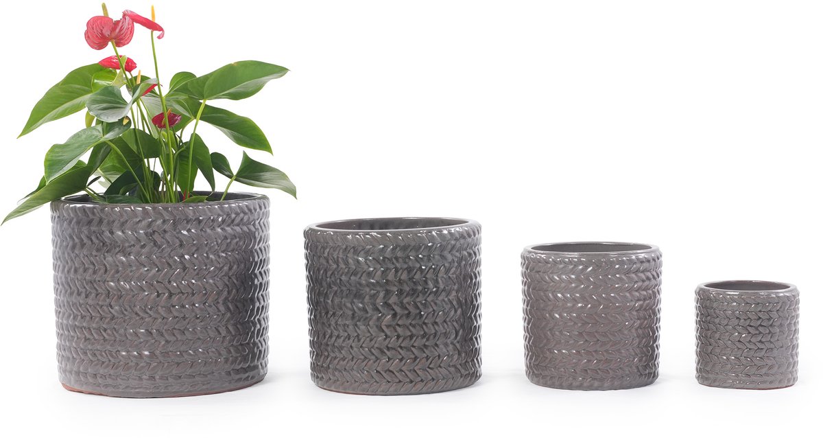 Mini Bloempot Keramiek - 17,5 cm Plantenpot Met Drainagegat En Herringbone Reliëf - Grijze Pot Voor Vetplanten, Kruiden En Tafeldecoratie