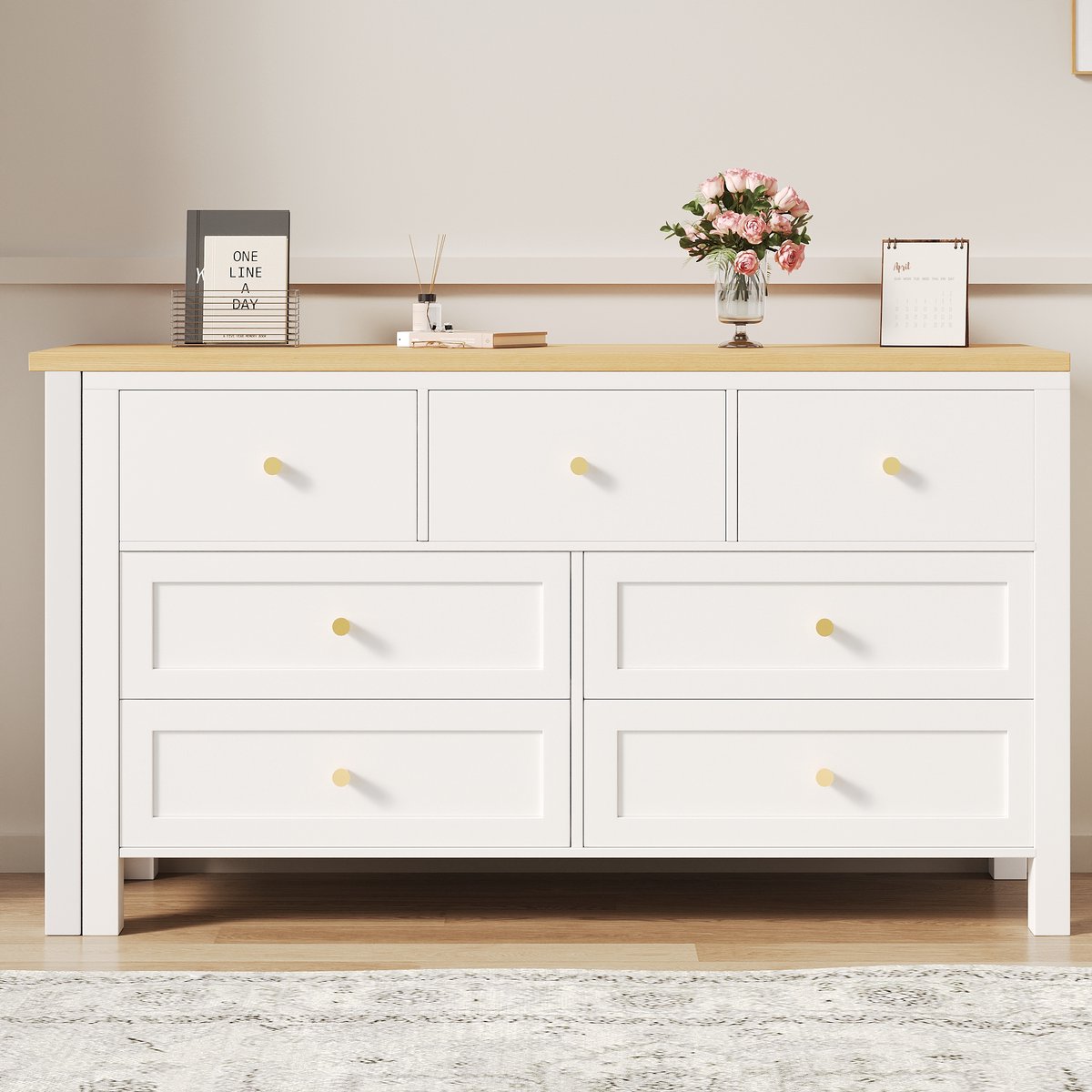 Draaibaar Bureau 120x40x70 cm - 2-in-1 Bureau Met 7 Laden En Opbergkast - Eikenlook Wit/Naturel