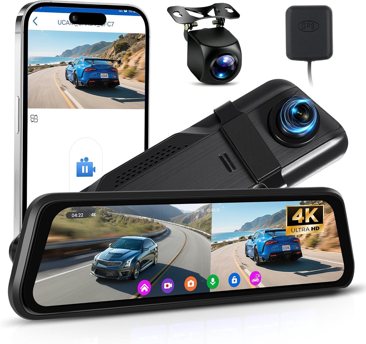 Dashcam 4K met 1080P achteruitrijcamera - spiegel - hoge resolutie - veilig rijden - ShopVlot