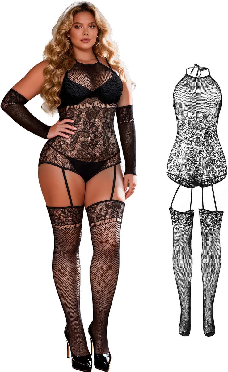 Bodystocking plus size - sexy visnet catsuit - lange mouwen - verleidelijke nachtkleding - ShopVlot