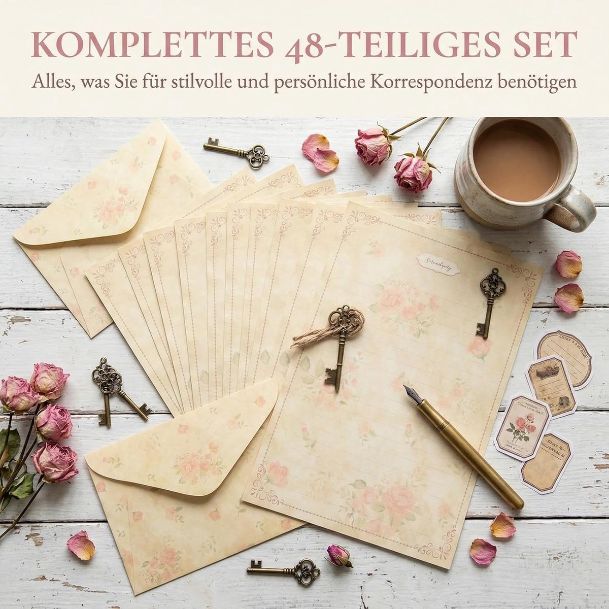 Briefpapierset 48 stuks - vintage briefpapier 150 g - bloemen en bladeren - creatief schrijven - ShopVlot