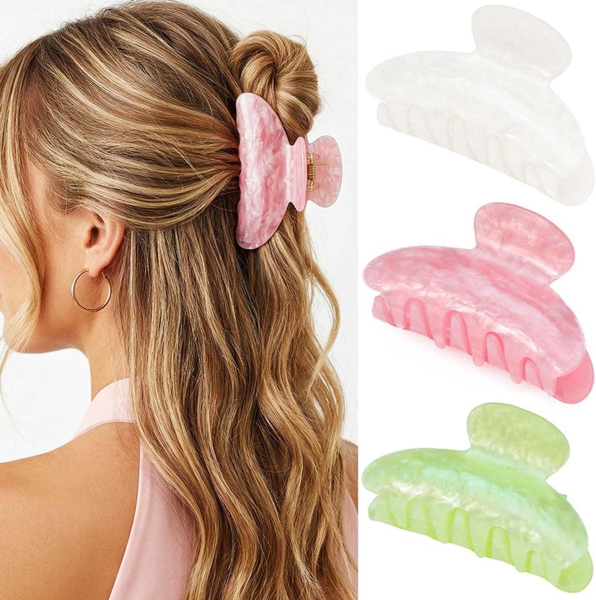 Haarclip medium - acryl - lichtgroen, roze en beige - houdt je haar de hele dag in model - ShopVlot