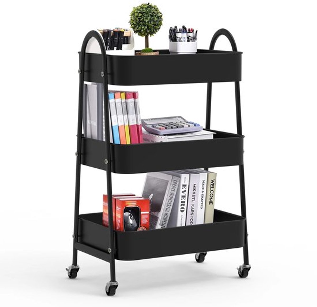 Drielaags mobiele trolley, opbergwagen, geschikt voor keukens, badkamers en wasruimtes, met wielen, 43*30*76,