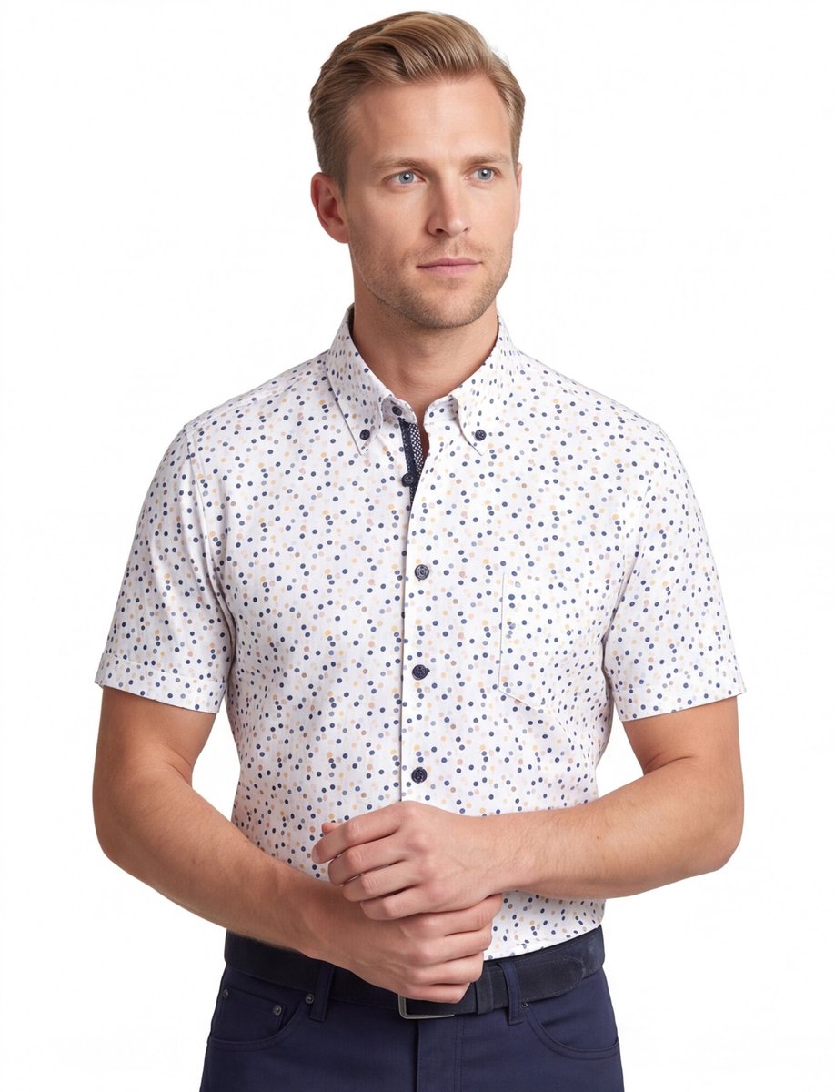 Overhemd korte mouw Ledub Modern Fit donkerblauw geprint