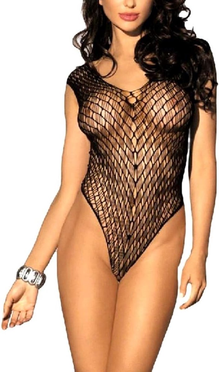 krautwear® ladies bodystocking negligee mini dress Overt fishnet net catsuit thong body net body open lace stockings - ShopVlot