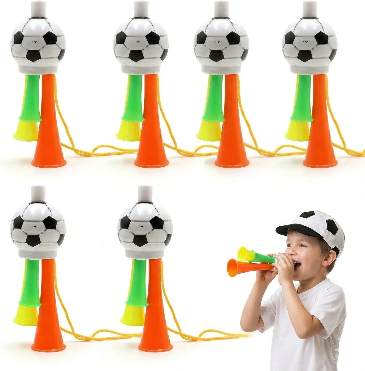 6 stuks voetbaltrompeten in voetbalvorm van veilige kunststof, voor kinderen en volwassenen, ideaal voor - ShopVlot