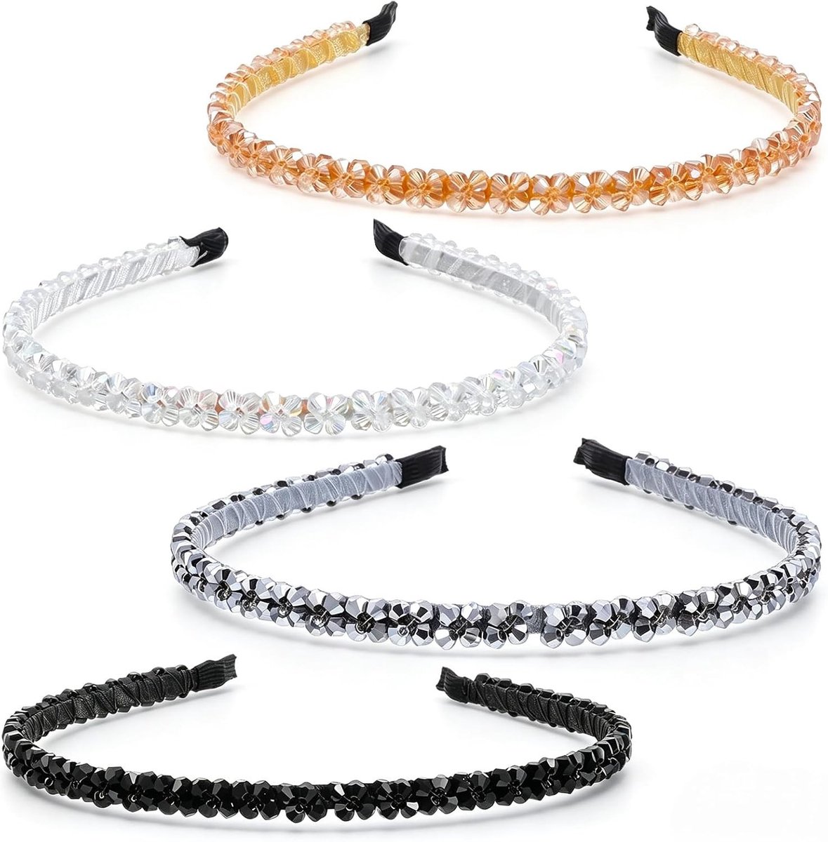 4 stuks antislip strass-haarbanden voor dames | Modieuze smalle haarbanden voor dagelijks gebruik, feesten en bruiloften met glinsterende details