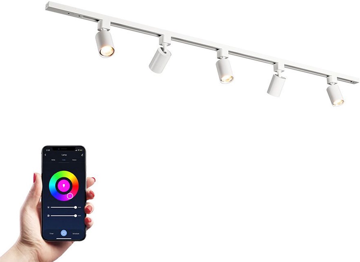 HOFTRONIC railverlichting pakket recht – 1,5 meter rail – 5 RGBWW GU10 railspots – dimbaar via app – aluminium wit – IP20 – modulair – 230V – led railverlichting woonkamer keuken