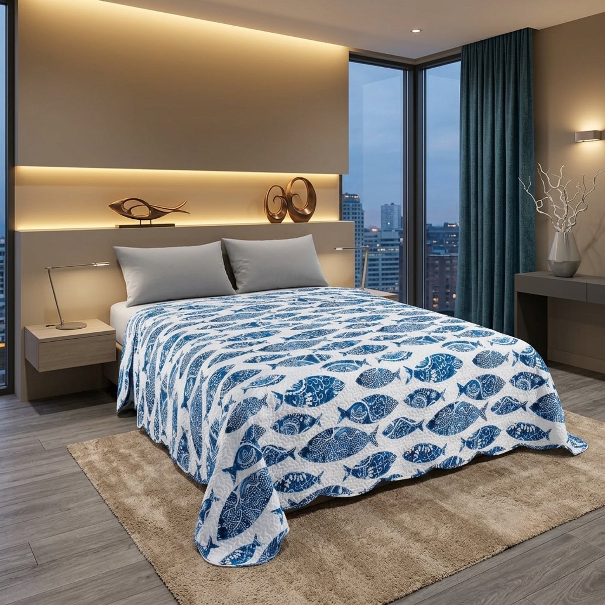 TRANKIELO® - Maritieme sprei - Doorgestikt - 220 x 240 cm - Blauw - Duurzaam en veelzijdig