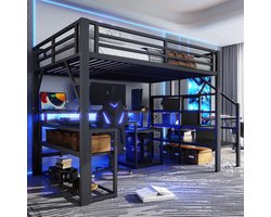 KOMHTOM - Hoogslaper - 140 x 200 cm - IJzeren frame - LED-lichtstrip en bureau - Zwart