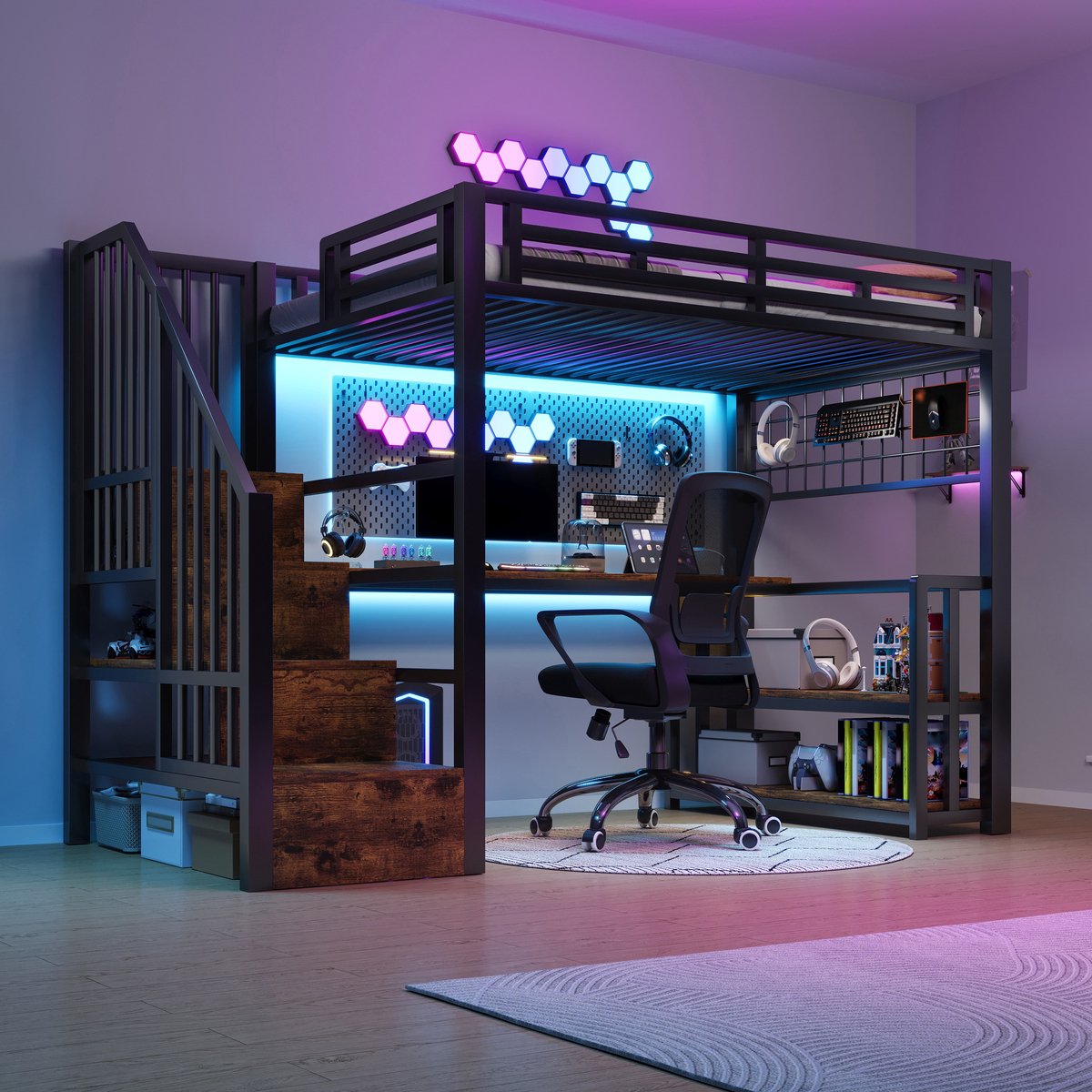 KOMHTOM - Hoogslaper - 90 x 200 cm - Stalen frame met opbergrek en hangend hekwerk - LED-l
