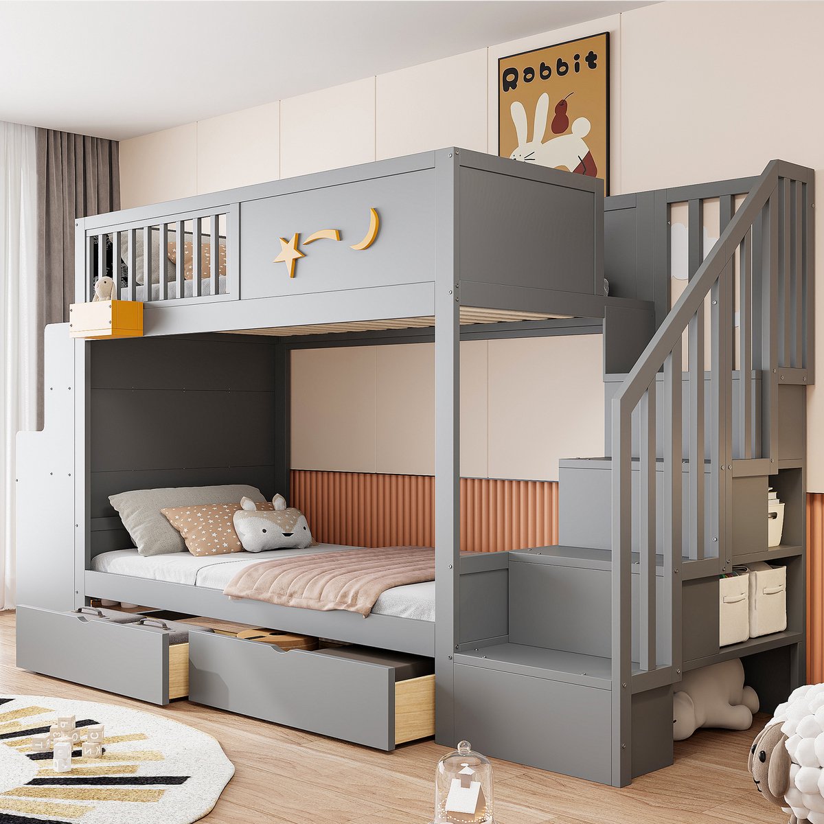 KOMHTOM - Stapelbed voor kinderen - Opberglades en veiligheidstrap - Massief grenenhouten frame - Bureau en sterrenmotief - Grijs