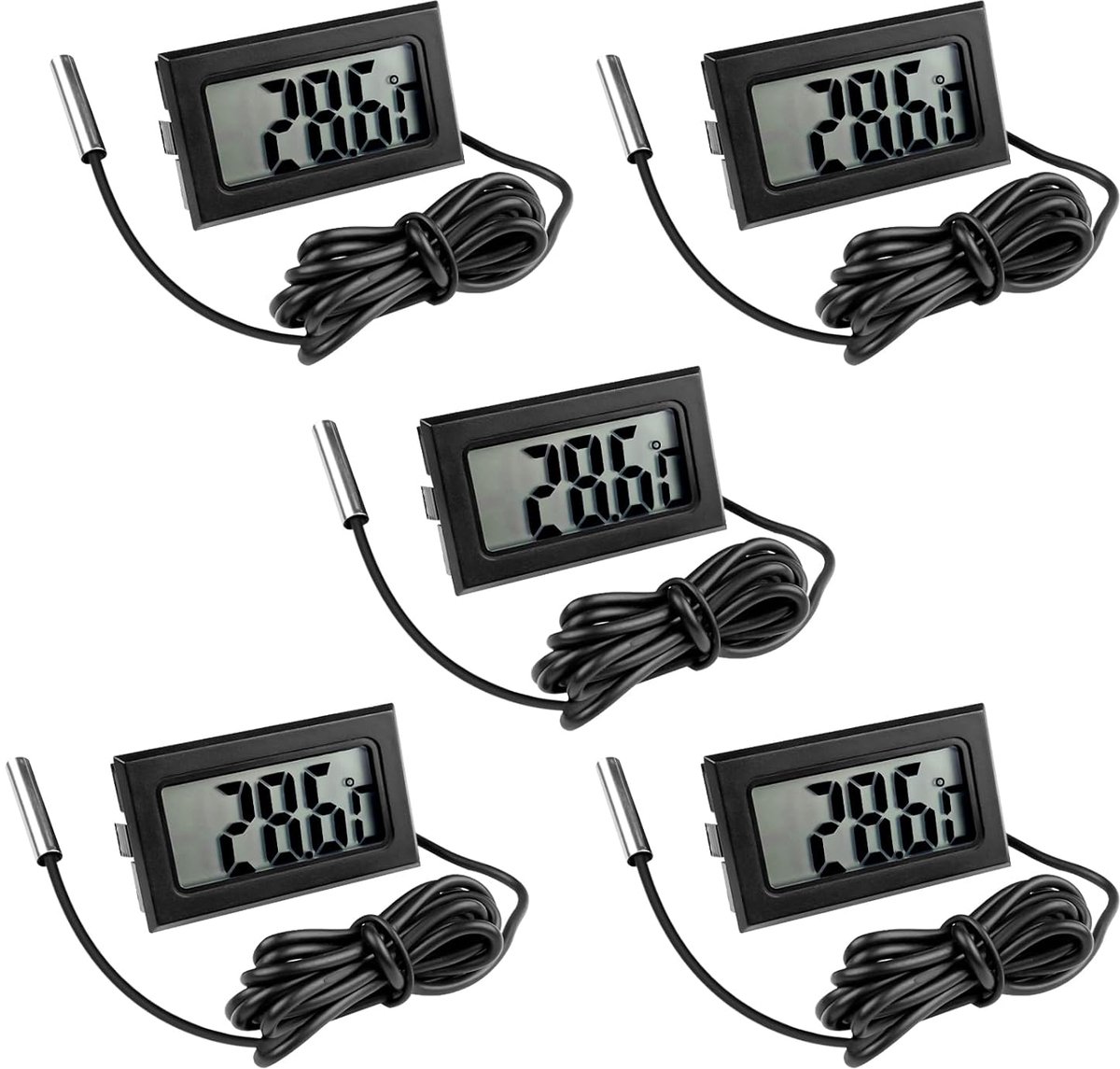 LISM-5-delige digitale koelkastthermometerset, met digitale temperatuursondes Geschikt voorzien van een lcd-display, zwart.