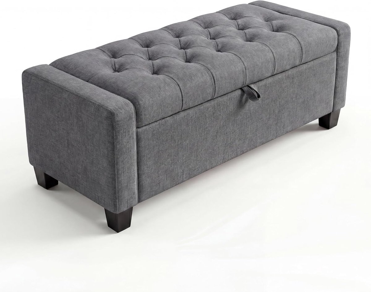 Opbergbank van 50,8 inch – met veiligheidsscharnier met langzame sluiting – gecapitonneerde bank voor de slaapkamer, hal of woonkamer – opbergbank – draagvermogen van 670 Lbs – 30 Gallons – grijs