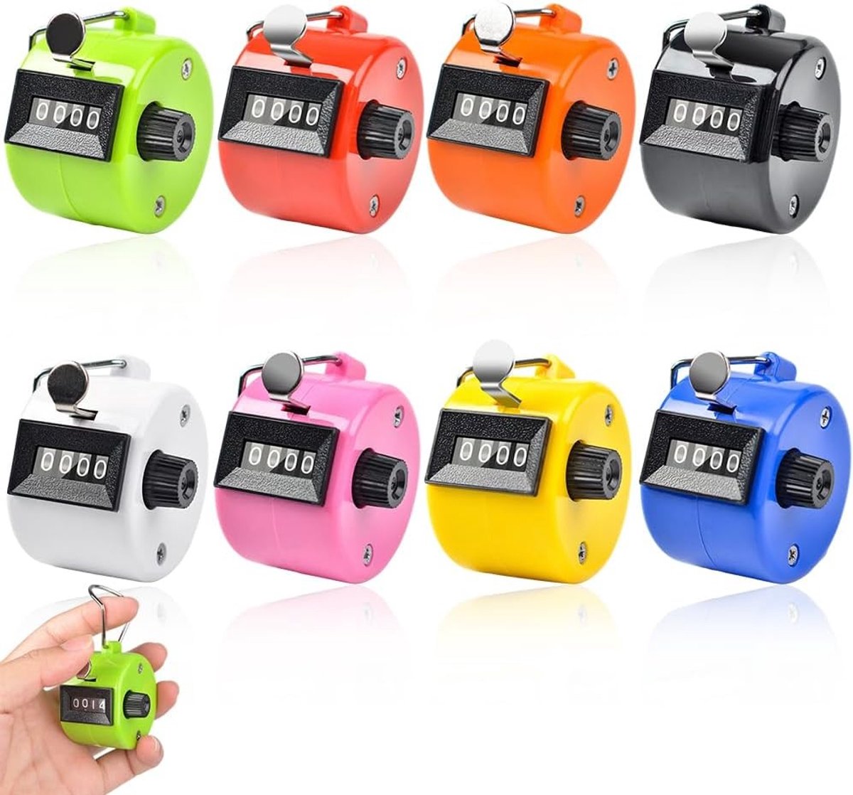 Set van 8 Handmatige Tellers, Mechanische 4-Cijferige Kliktellers voor Sport, Evenementen en Stappen Tellen in 8 Kleuren