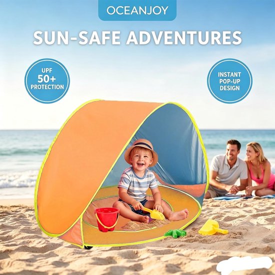 Oranje strandschelp pop-up tent voor baby's en peuters met UPF 50+ uv-bescherming en waterdichte bodem, ideaal voor strand en buitenactiviteiten — afbeelding 5