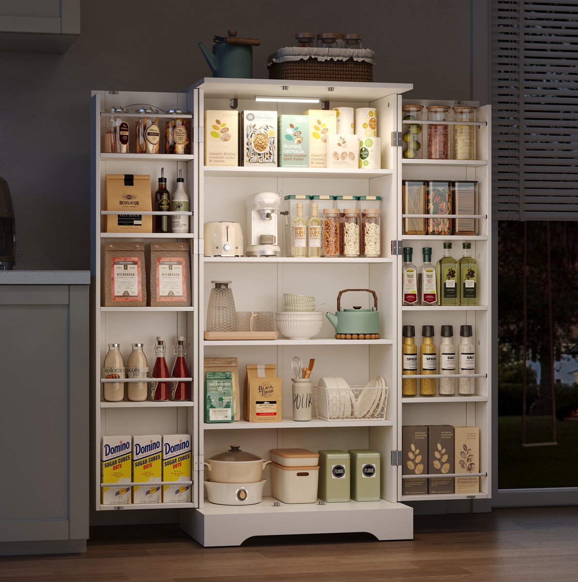 COVREO Keukenkast 60x35x128 cm - wit, met LED-sensorlamp en verstelbare planken