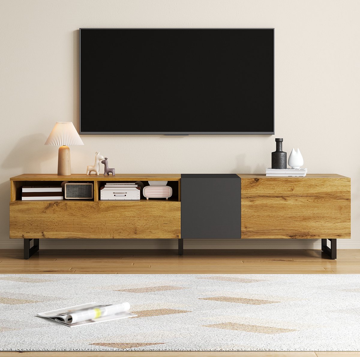 COVREO TV-meubel 170 x 42 x 36,5 cm - 3 deuren, 2 open vakken, donkergrijs en naturel Antique Dark Grey