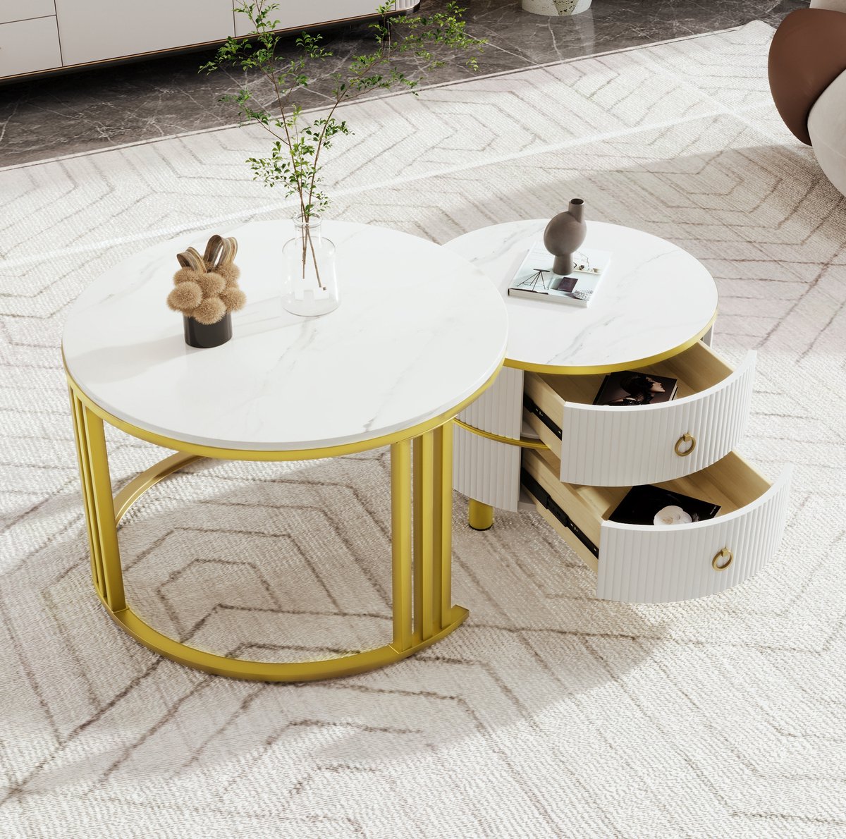 COVREO Salontafel set 70x70x46 + 50x50x40 cm - 2-delig, 2 lades, hoogglans, wit en goud