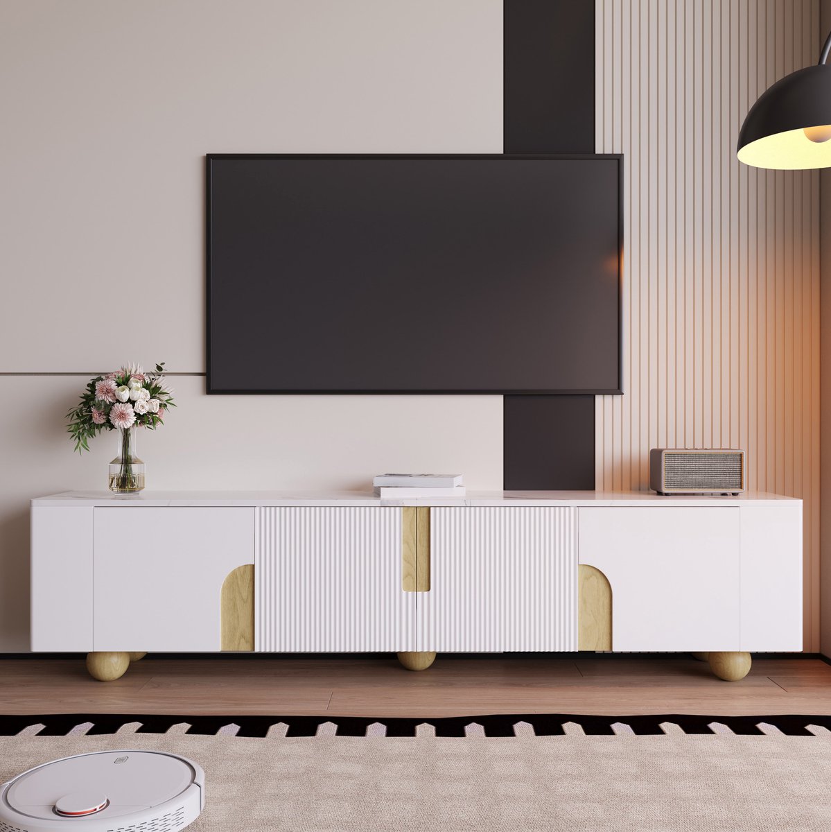 COVREO TV-meubel 180 x 40 x 44 cm - 4 deuren, wit met houtkleur en marmereffect