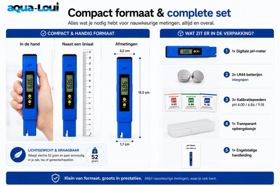 Blauwe digitale pH-meter vergeleken met een liniaal en hand. Afmetingen 15,5 x 3,2 x 1,7 cm. Weegt 52 gram. Inclusief: pH-meter, batterijen, kalibratiepoeders, opbergdoosje, handleiding.