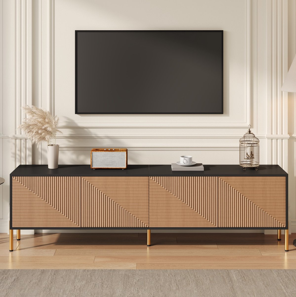 COVREO tv meubel 179 x 35 x 53,5 cm - 4 deuren, zwart/naturel, gouden metalen poten