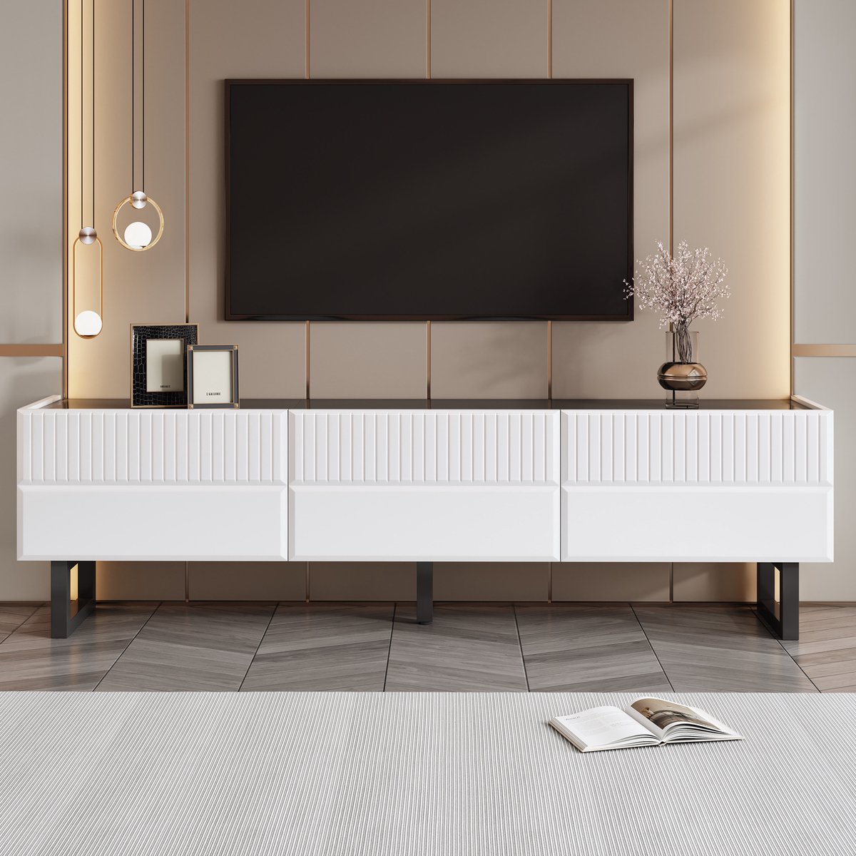 COVREO TV-meubel 170 x 35 x 47 cm - 3 lades, zwart-wit, hoogglans blad