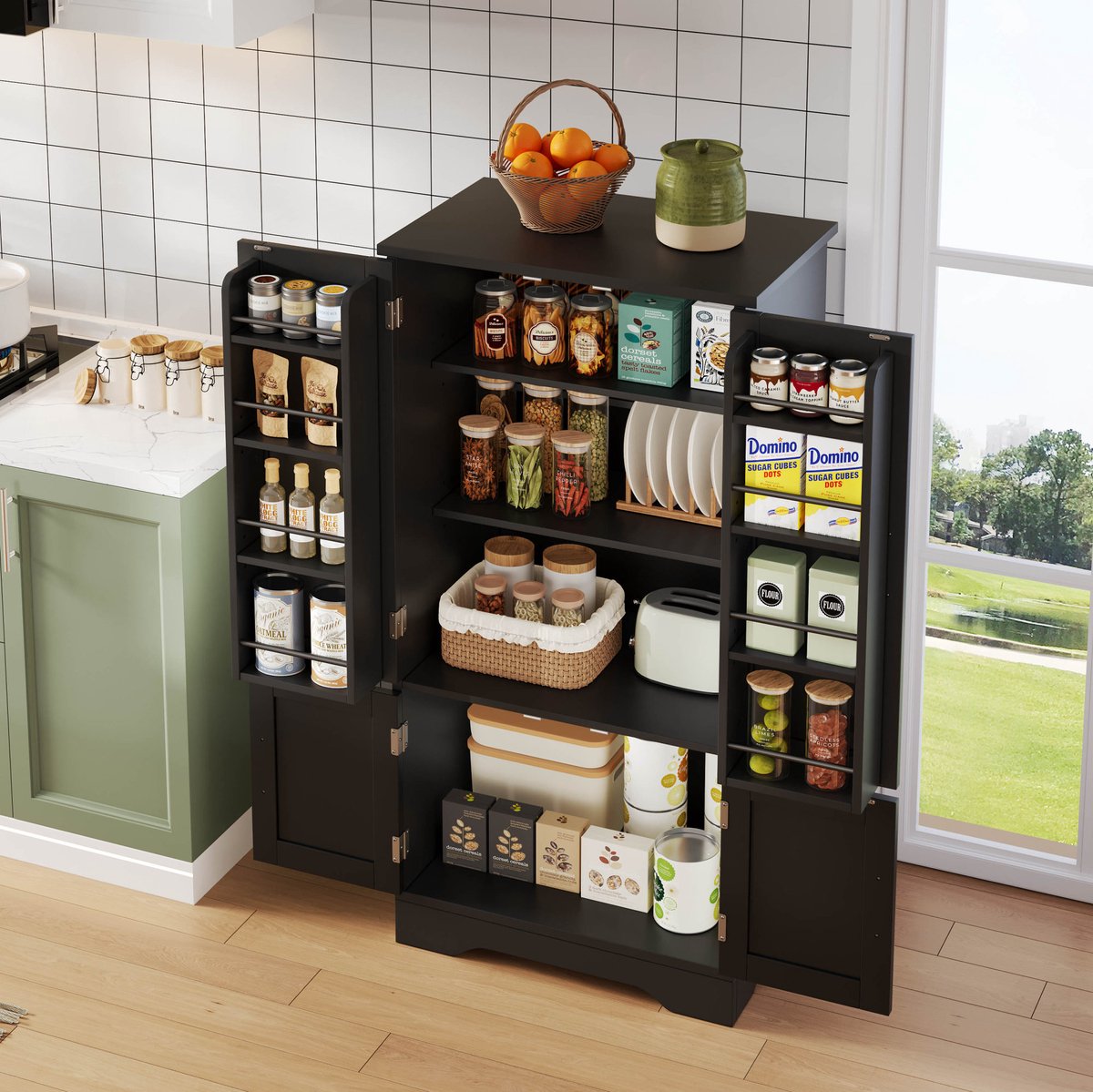 COVREO Keukenkast 120x60x40 cm - staande opbergkast met LED-sensorlicht, verstelbare planken, zwart