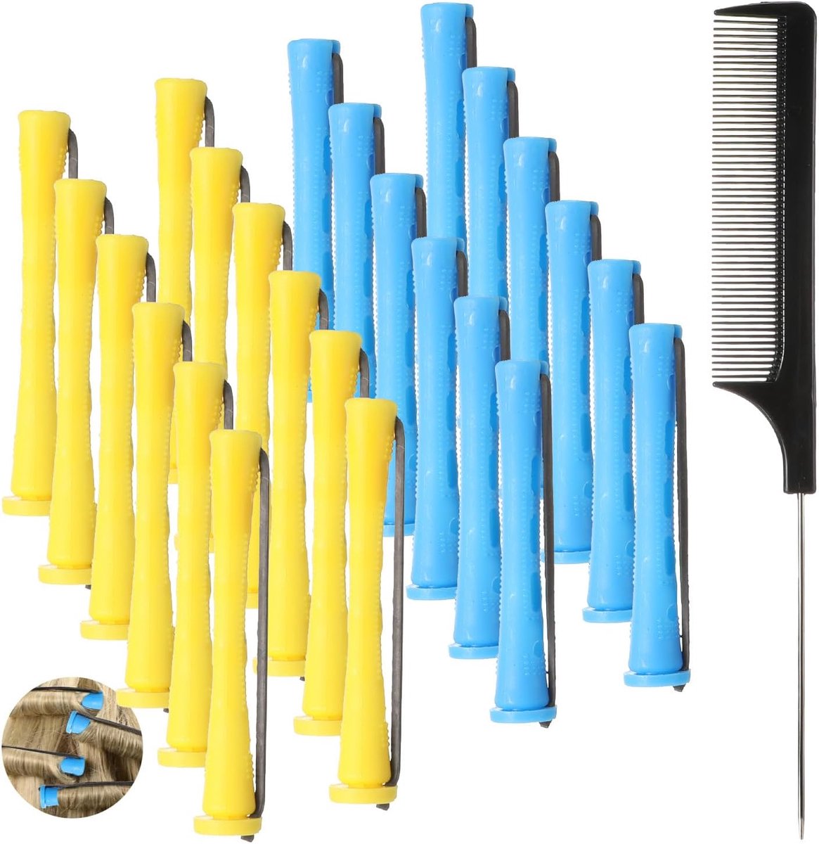 Thijox - Perm Staven voor Kort Haar - 24 Stuks - 0.35 Inch/0.27 Inch Rollers met Stalen Staart Kam - Blauw en Geel - Perfect voor Haar Styling en Perm