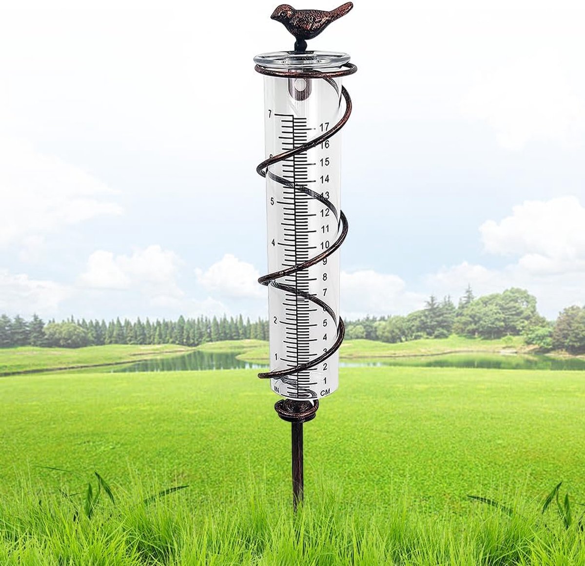 SnelShoppen - Regenmeter voor Tuin, Vorstbestendig, Met Grondspike, Metalen & Glazen Regenmeter, 7 Inch Dubbele Schaal, Tuin, Gazon, Patio (Vogel)