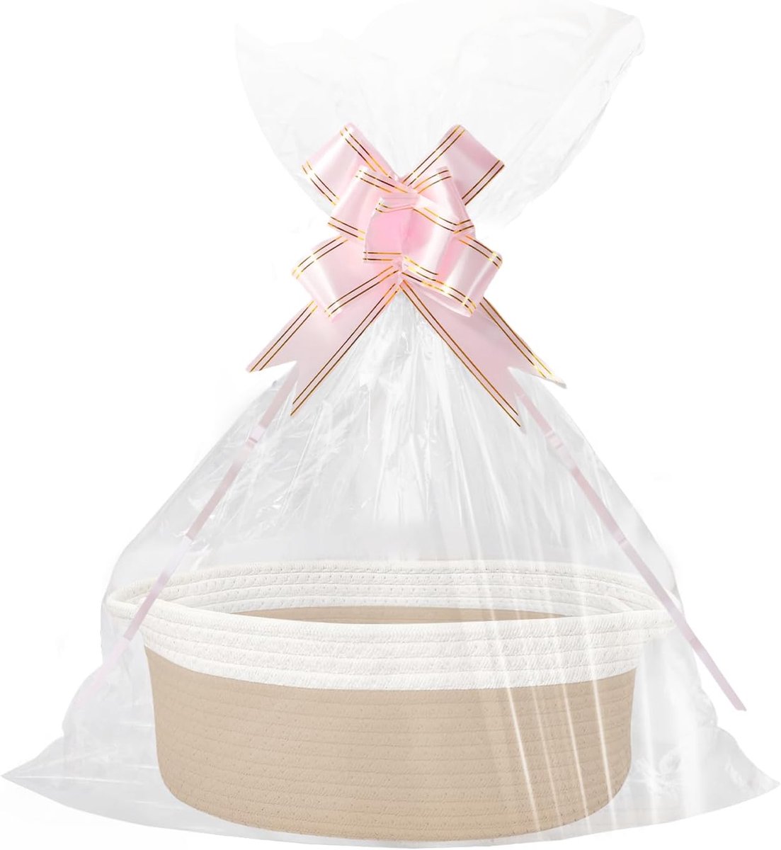 SnelShoppen - Lege Cadeau Mand - Gevlochten Opbergmand met Cadeautas en Strik - Perfect voor Verjaardag, Bruiloft, Baby Shower, Kerstmis (Khaki en Wit