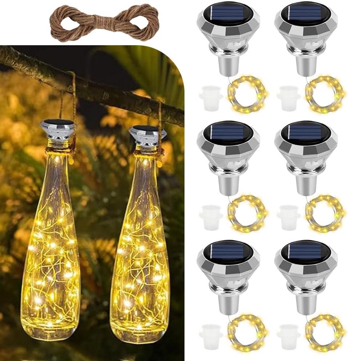 Thijox - Flessenlicht 6 stuks, 20 LEDs Sfeerverlichting, LED Flessenlicht voor Bruiloft, Tuin, Buiten/Binnen Decoratie, Hoogwaardig Koperdraad