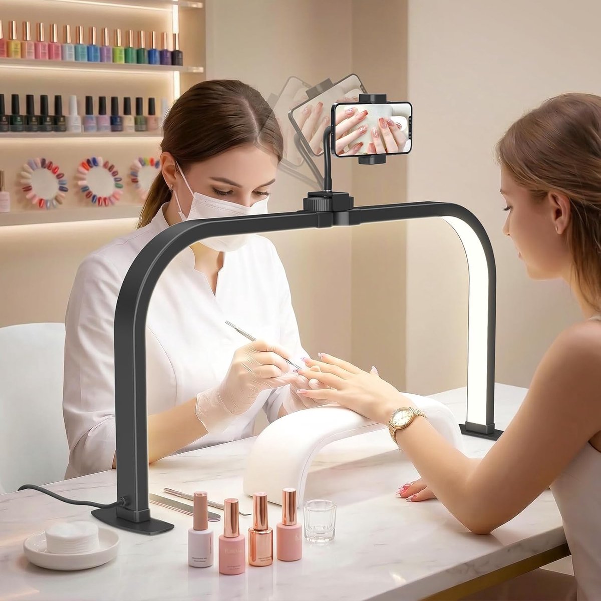 Thijox - Desktop Halve Maan Lamp Nagels 29'' LED Wimperlamp met 3 Kleurmodi en 10 Helderheidsniveaus - Perfect voor Salon, Cosmetica en Tattoo, Zwart