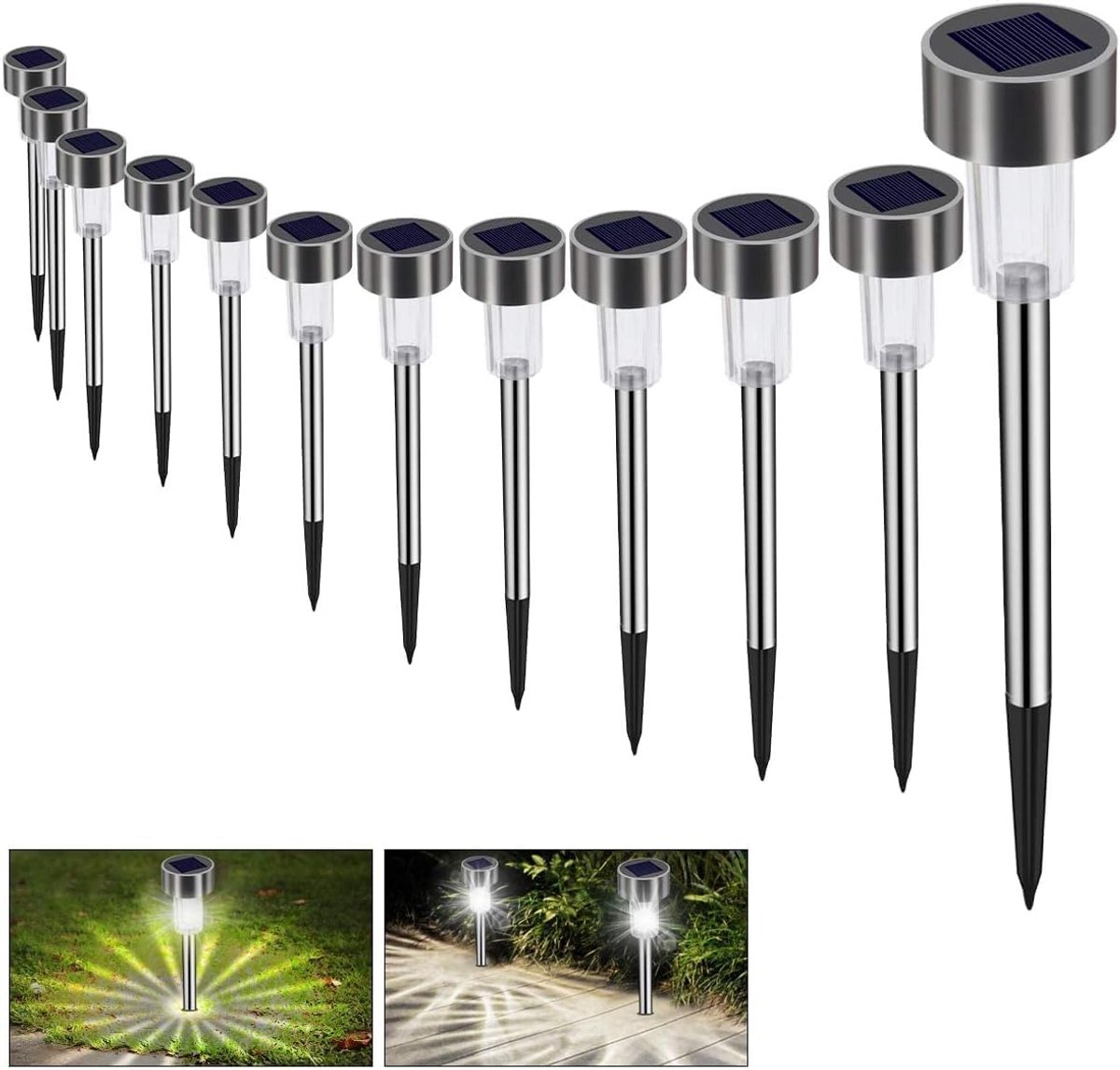 Thijox - Solarlamp Tuinverlichting LED-Padverlichting 12 Stuks, Energiebesparend, IP65 Waterdicht, Roestvrij Staal voor Terras, Gazon, Tuin, Tuinpaden