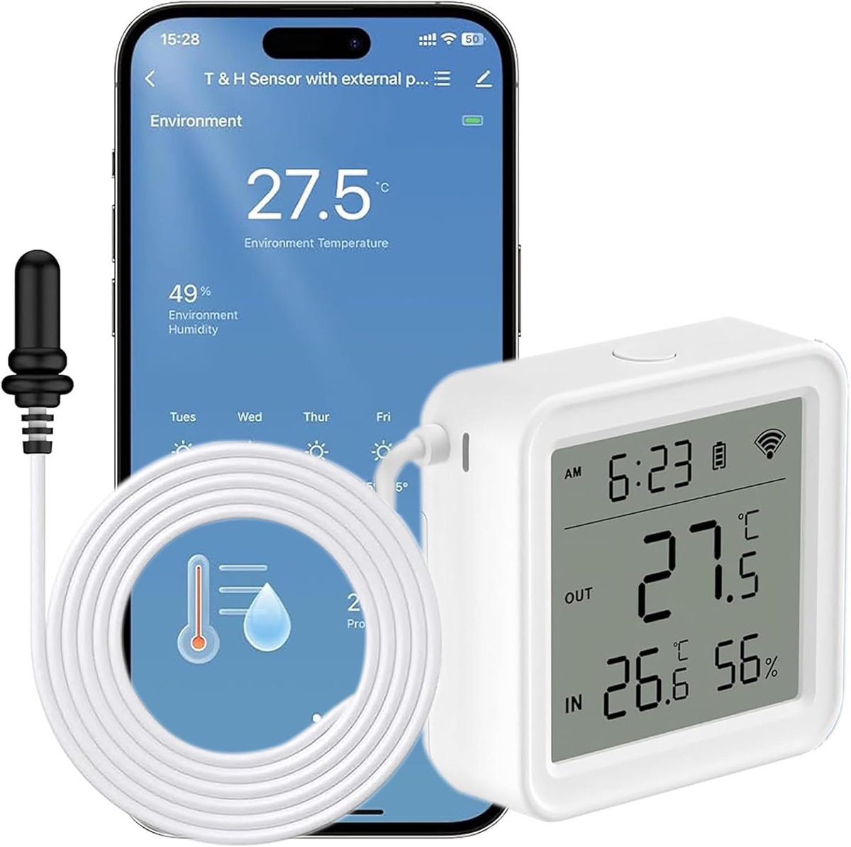 Thijox - Wifi-hygrometer en Thermometersensor - Draadloze Temperatuur- en Vochtigheidssensor voor Binnen en Buiten met Externe Sonde - Real-time Monit