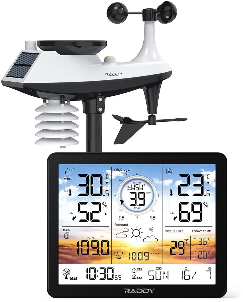 SnelShoppen - Draadloos Weerstation Professioneel - Binnen Buiten Thermometer - 7,4'' Digitaal Kleurenscherm - Radioklok met Alarmen - Temperatuur en