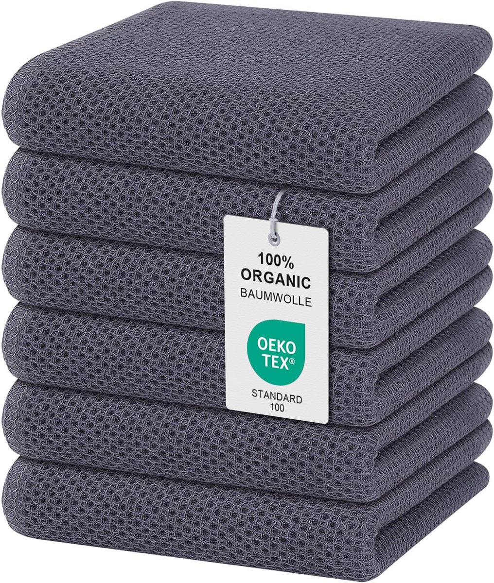 Thijox - Theedoeken 100% Katoen - 6 Stuks Donkergrijs - Absorberende Keukendoeken - Zachte Vaatdoeken - Dikke Premium Theedoeken - 32 x 72 cm - Ideaal