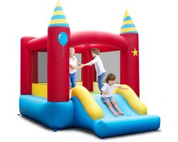 COSTWAY Springkasteel, Springkasteel voor kinderen, Indoor-Outdoor-speelkasteel met glijbaan, draagtas en reparatieset, 260 x 190 x 205 cm