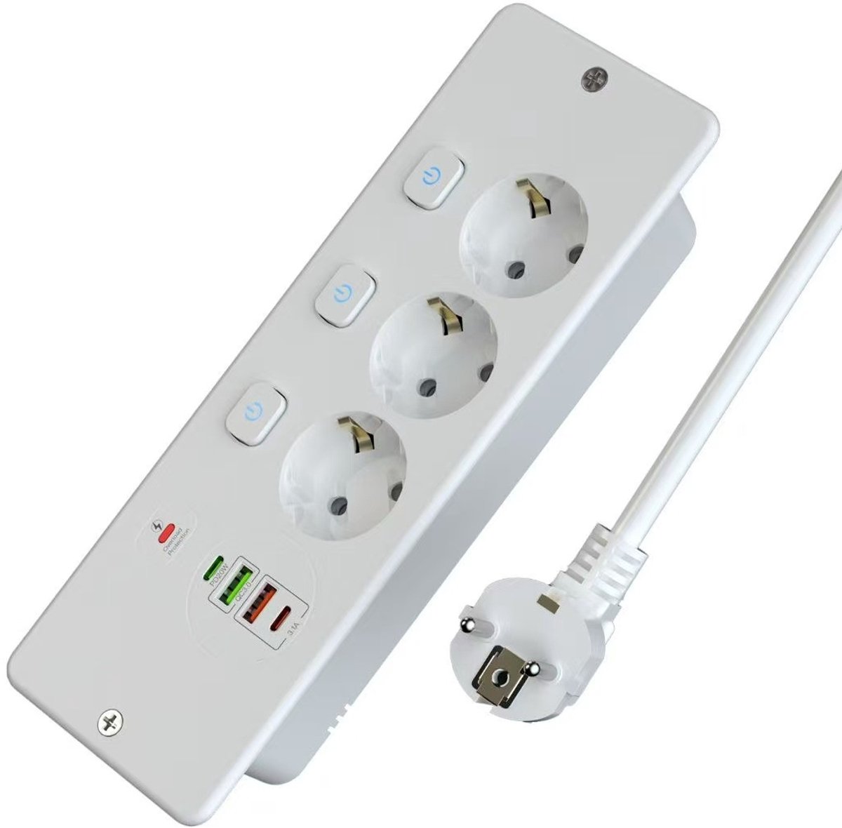 Inbouwstopcontact - Onafhankelijke schakelaar voor snelladen - Met 4 USB-C-poorten - Geschikt voor keukens, slaapkamers, woningen en kantoren - 2 meter kabel - Wit