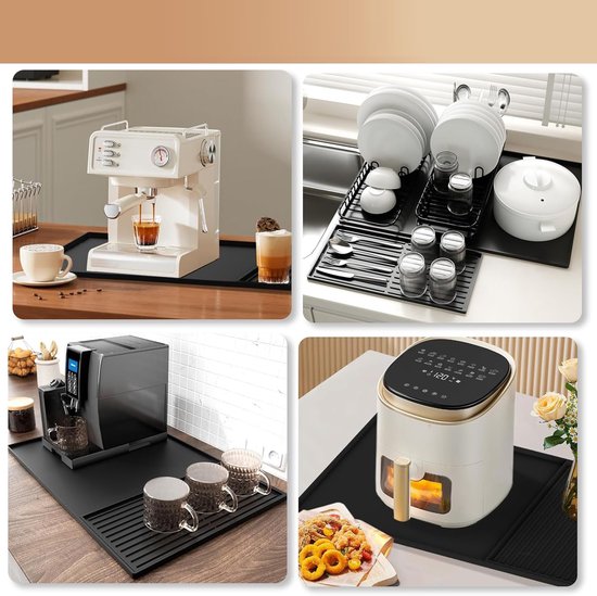 Collage van vier afbeeldingen: 1. Witte koffiemachine op zwarte mat. 2. Zwarte mat met vaatwerk. 3. Zwarte koffiemachine op zwarte mat. 4. Witte airfryer op zwarte mat.