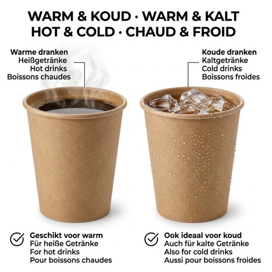 Twee bruine kartonnen bekers: een met warme koffie en damp, de ander met koude drank en ijsblokjes.